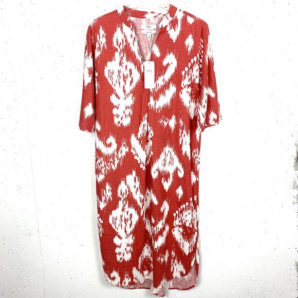 M&S Womens Linen Rich Printed V-Neck Tunic Dress 3/4 Sleeves Sienna Red Size 8 - Picture 2 of 15